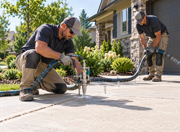 Pomona Concrete Leveling crew injecting leveling material under a sunken driveway slab
