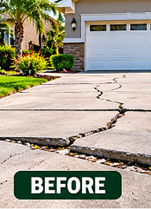 Driveway before concrete leveling, with sunken and cracked slabs
