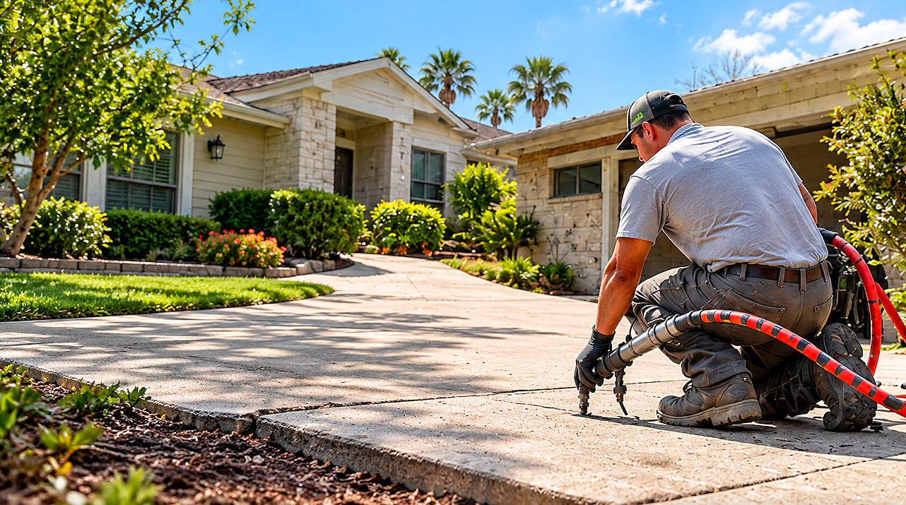 Pomona Concrete Leveling technician lifting a sunken concrete driveway slab at a Pomona home