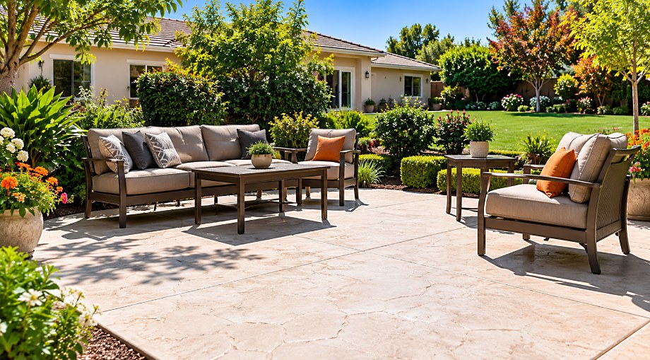 Level concrete patio with outdoor furniture