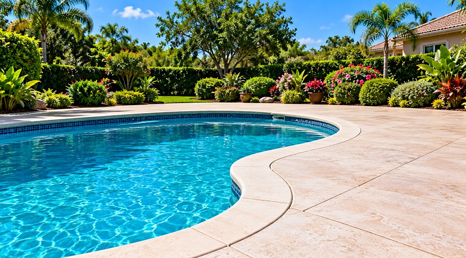 Even concrete pool deck around a backyard pool