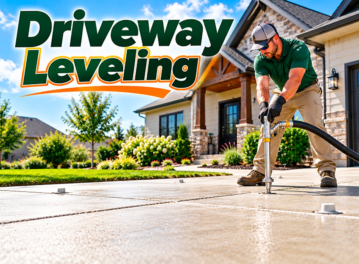 Driveway Leveling technician lifting a settled concrete slab in Pomona, CA