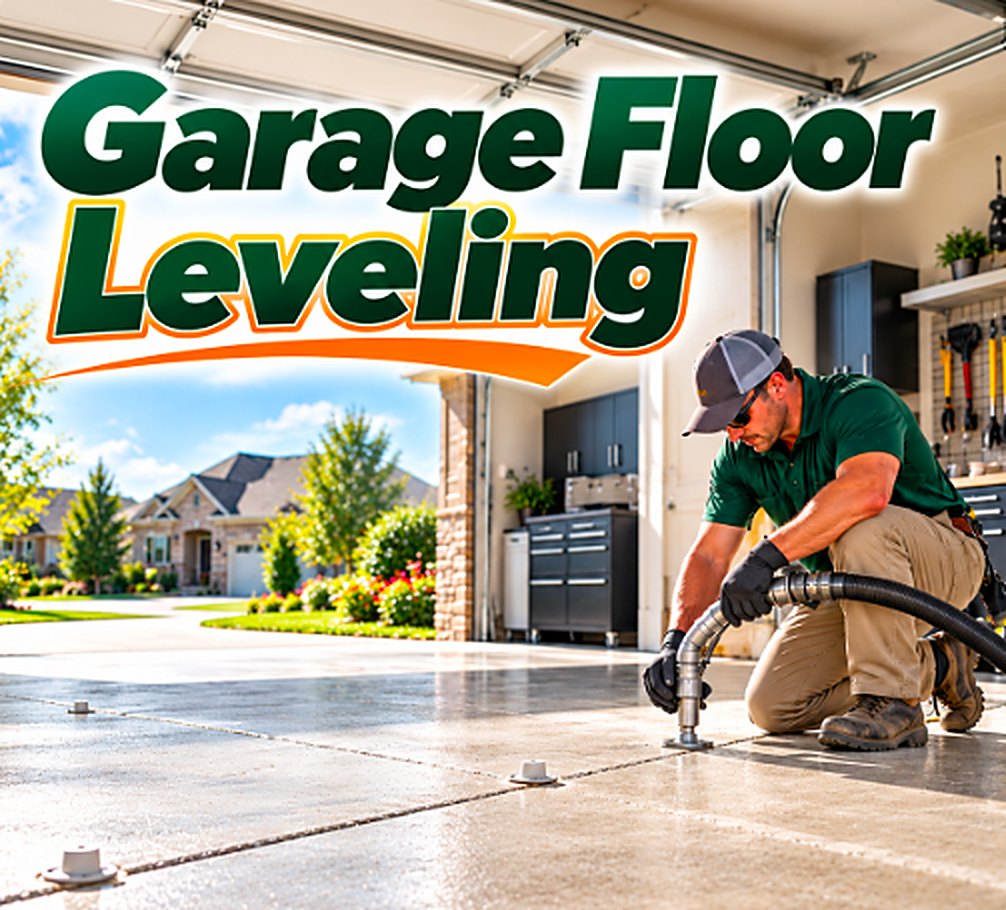 Garage Floor Leveling technician lifting a settled concrete slab in Pomona, CA