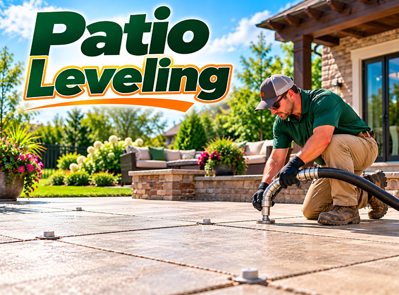Patio Leveling technician lifting a settled concrete slab in Pomona, CA