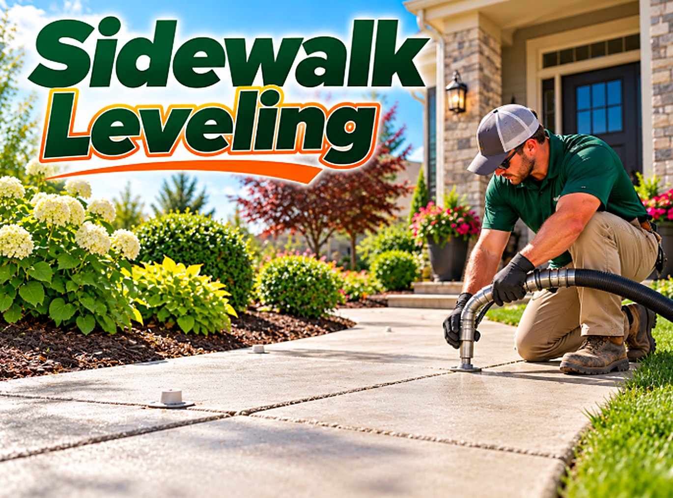 Sidewalk Leveling technician lifting a settled concrete slab in Pomona, CA