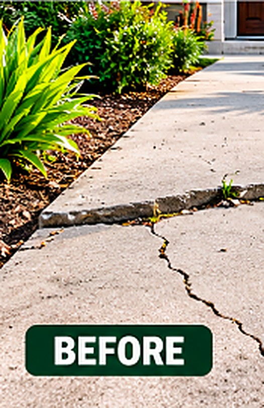 Sidewalk before concrete leveling, with sunken and cracked slabs