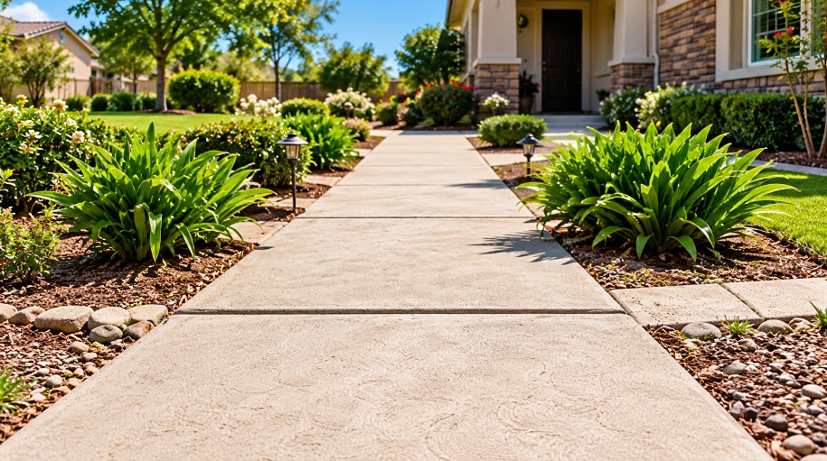 Level concrete sidewalk leading to a front door