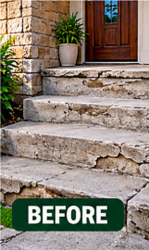 Stairs & Entryway before concrete leveling, with sunken and cracked slabs