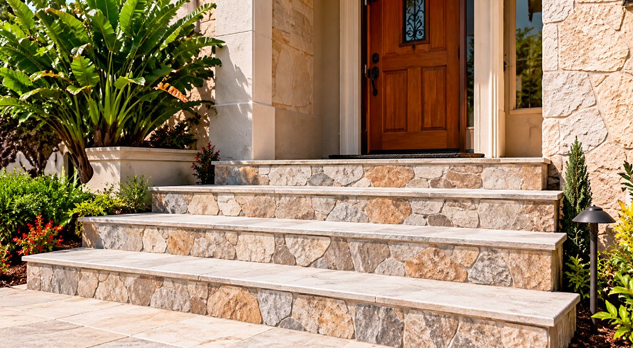Level stone steps leading to a front entryway